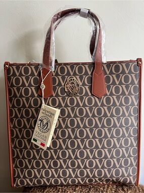 Valentino Orlandi Brown Monogram Tote with Tan Trim and Gold Medallion